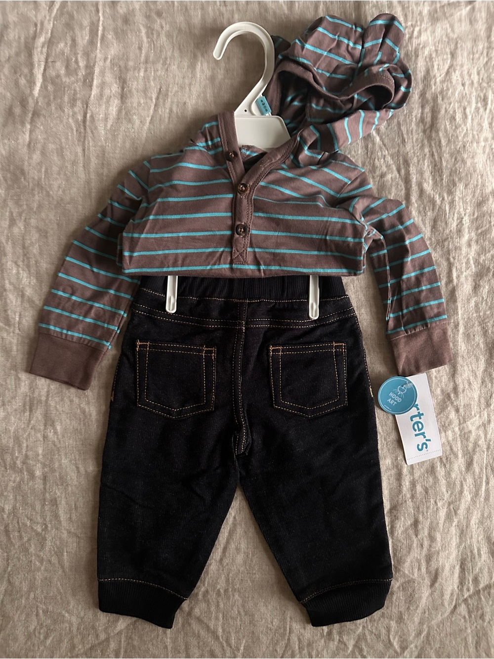 Carter's Brown with Aqua Striped Hooded Bodysuit and Dark Denim Pants - Picture 2 of 4